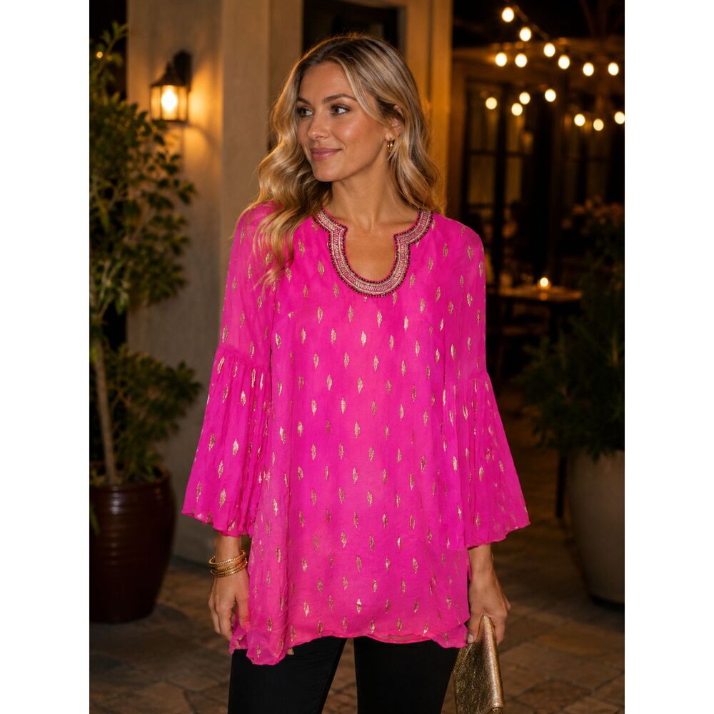 Lilly Pulitzer Silk Embellished Hot Pink Tunic Top | Size XS